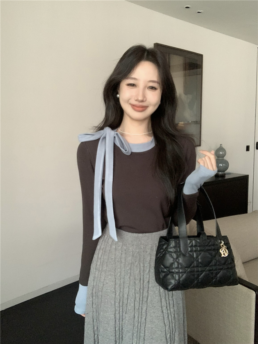 實拍 溫柔風假兩件撞色拼接綁帶蝴蝶結長袖上衣長裙針織裙套裝