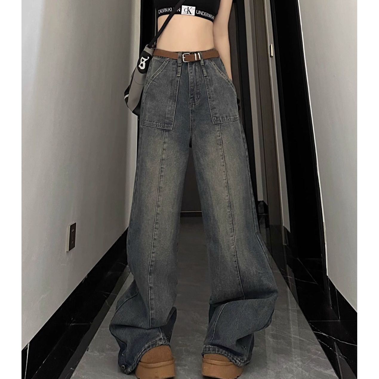 美式復古直筒牛仔褲女秋季新款水洗懷舊高腰寬鬆顯瘦百搭闊腿褲子