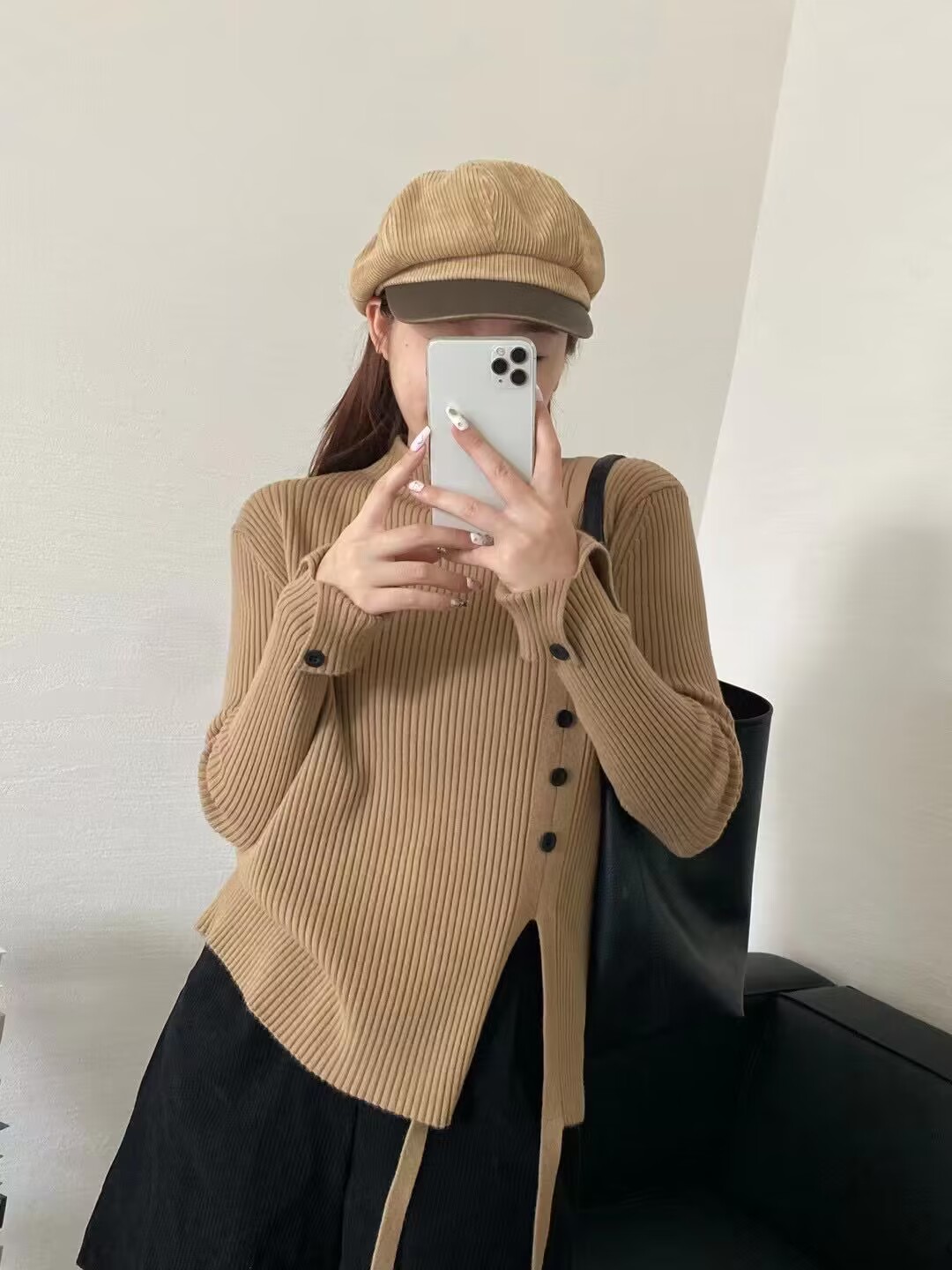 設計感半高領韓版紐扣毛衣女2023秋冬新款開叉小眾洋氣保暖針織衫