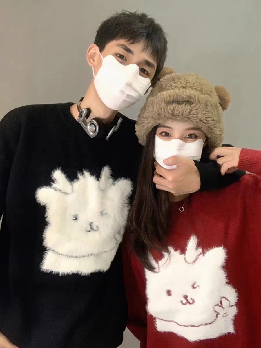 KKyesiou美式復古本命年龍年甜美情侶針織衫男女休閒寬鬆植絨毛衣