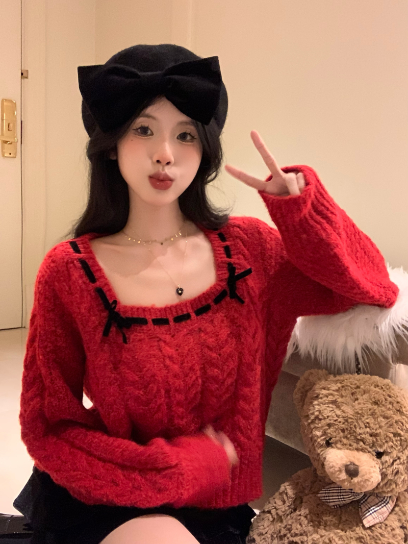 Real shot Berry Pine Tart/Christmas Knot Red Knitted Twist Red Sweater New Year New Style Women's Autumn and Winter