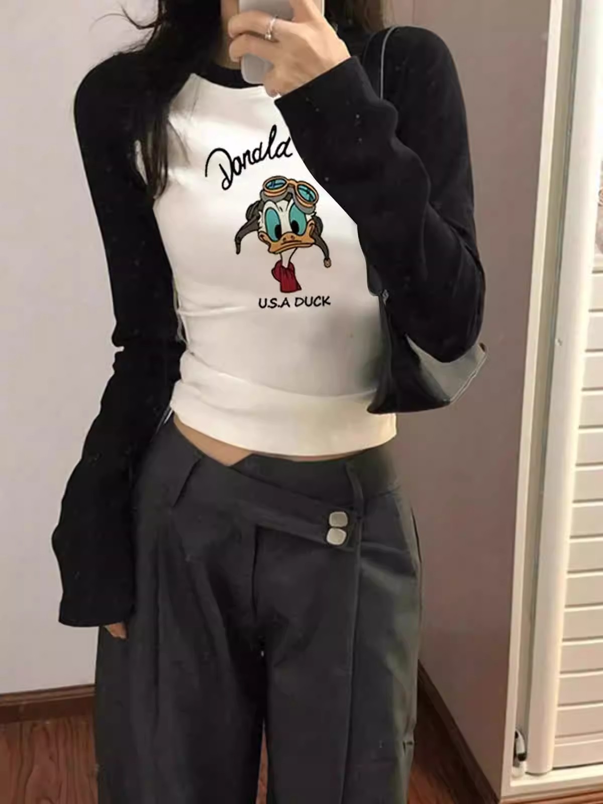 包肩包領正肩長袖t恤歐貨新款打底衫內搭撞色短款修身上衣