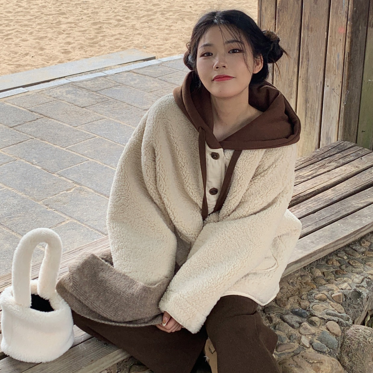New winter retro color matching hooded thick sherpa warm coat coat for women large pocket loose top for women