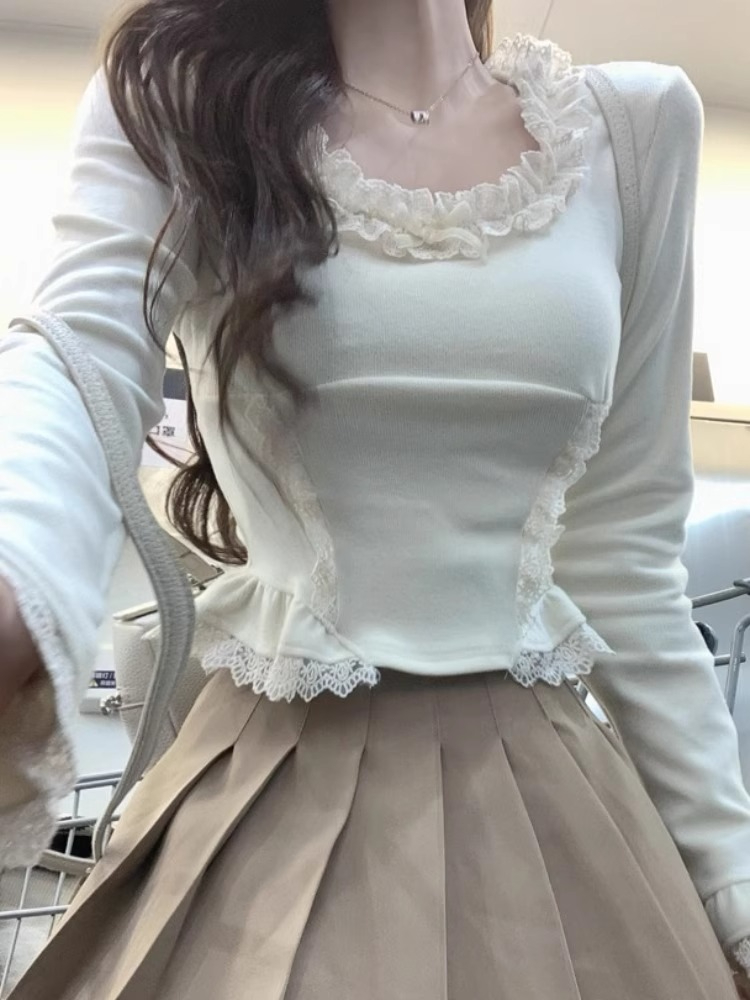 德絨甜美蕾絲邊方領長袖打底衫秋冬蝴蝶結短款上衣