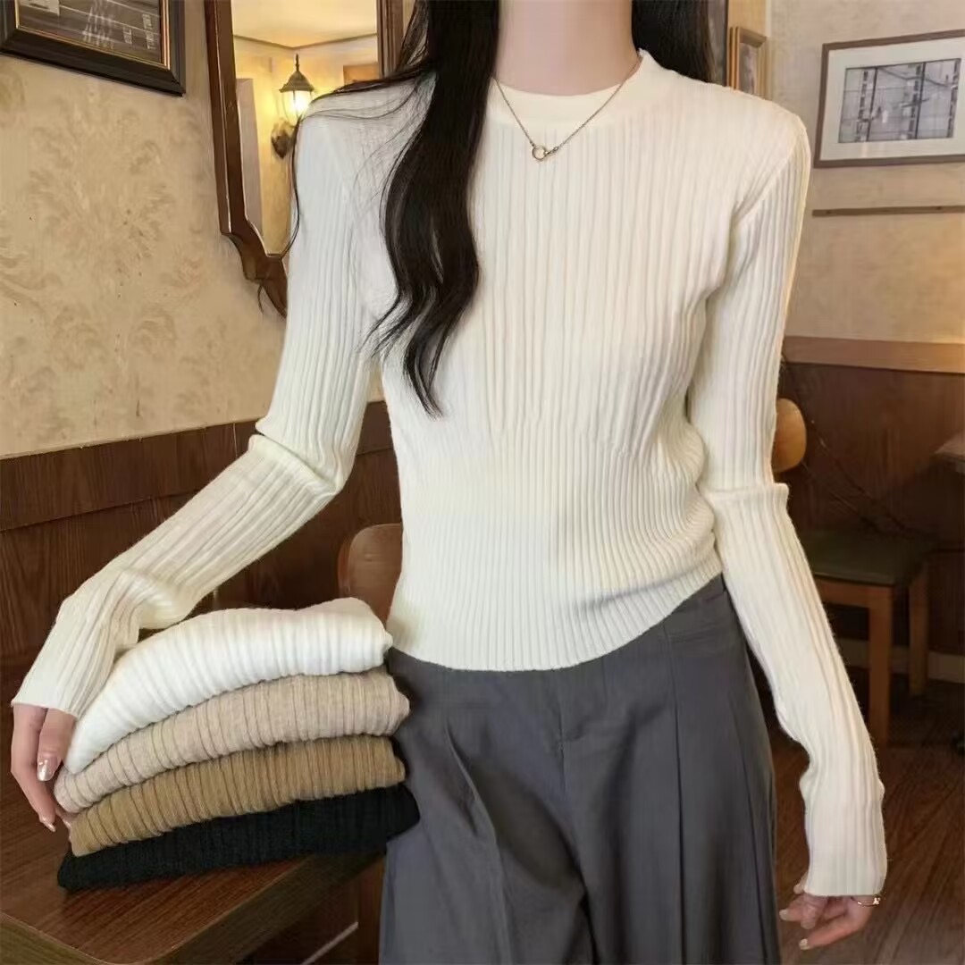 別致修身圓領打底衫女秋冬2023新款高級感毛衣內搭長袖針織衫上衣
