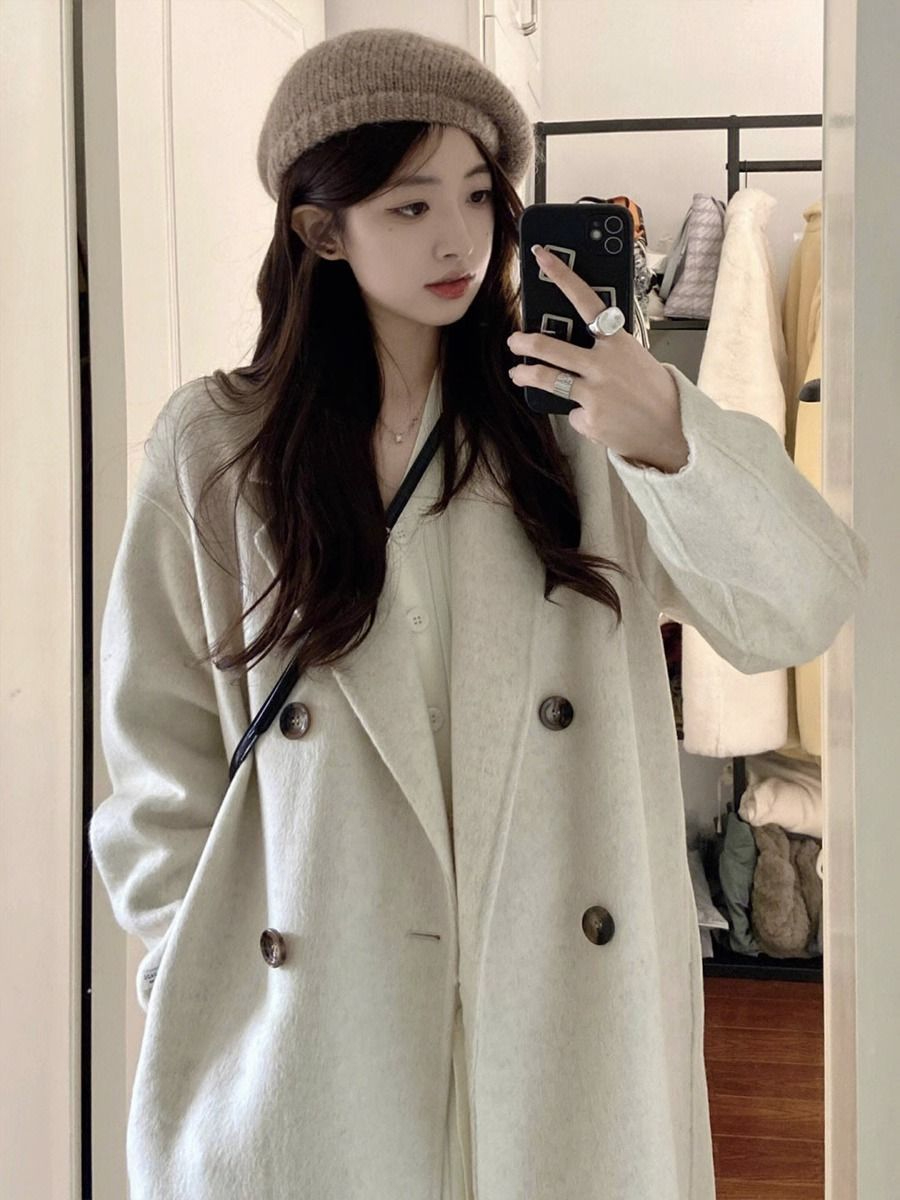 Off-season coat woolen coat for women 2023 new double-sided cashmere coat Korean style Hepburn style mid-length thickened