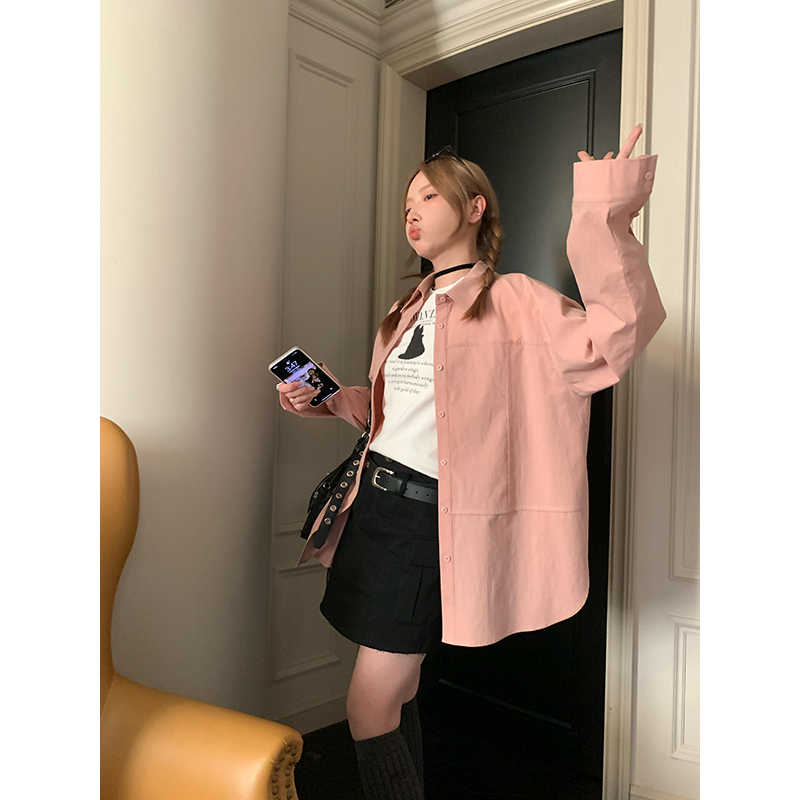 GooGooEyes 北海道櫻花 粉色襯衫女早春季新款長袖設計感上衣襯衣