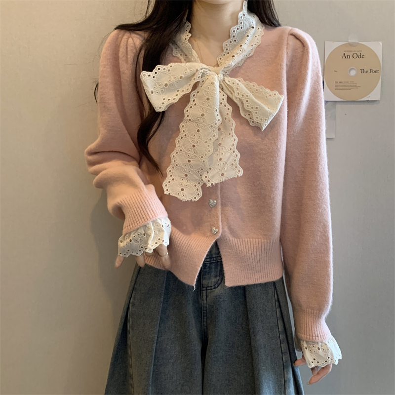 實拍 韓版單排扣綁帶蝴蝶結針織衫修身打底衫小眾別致上衣女