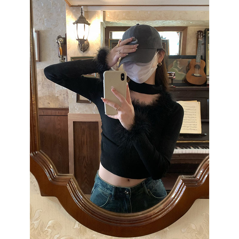 秋冬新款毛毛拼接辣妹修身針織衫短款掛脖上衣
