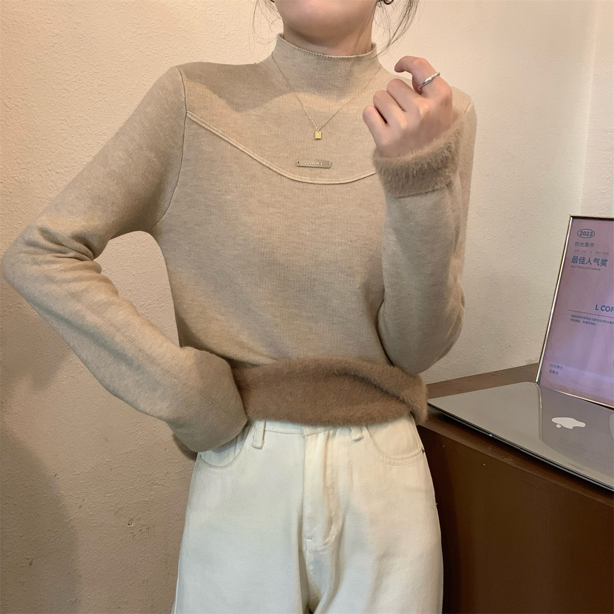 實拍 秋冬韓版半高領顯瘦內搭一體絨保暖針織打底衫毛衣女
