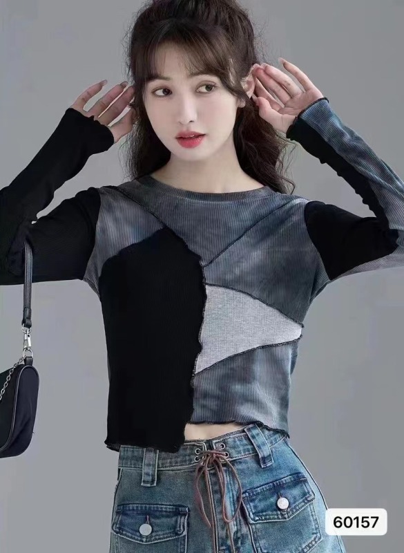 秋冬洋氣歐貨短款扎染獨特設計別致上衣螺紋打底衫女內搭長袖t恤