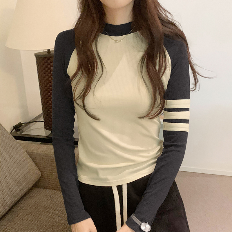 實拍圖撞色插肩袖短款長袖T恤女秋冬2023新款小個子針織內搭上衣