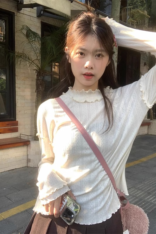 Original fabric splicing long-sleeved bottoming autumn 2023 new design inner T-shirt