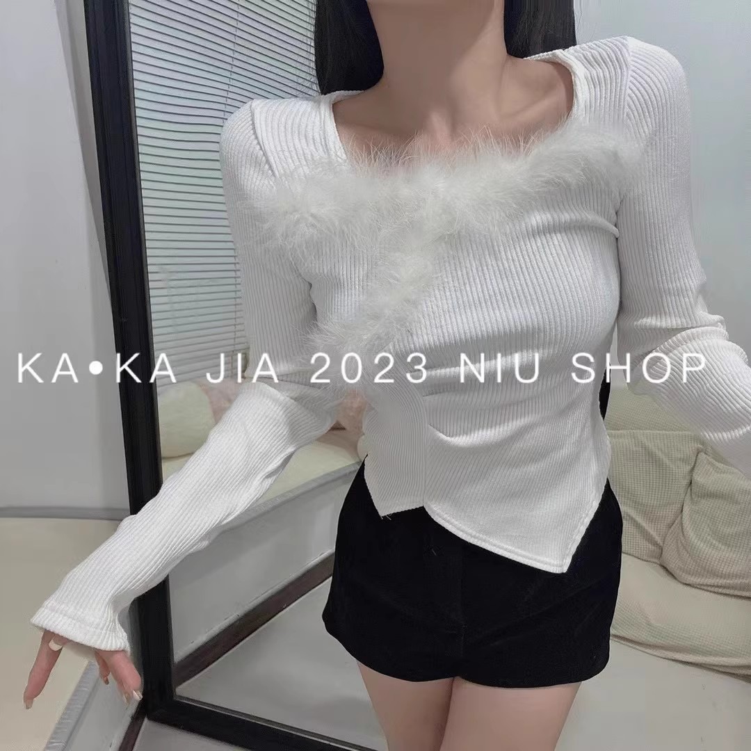 New long-sleeved bottoming T-shirt for autumn and winter with retro temperament, square collar, furry splicing, hot girl slim fit top for women