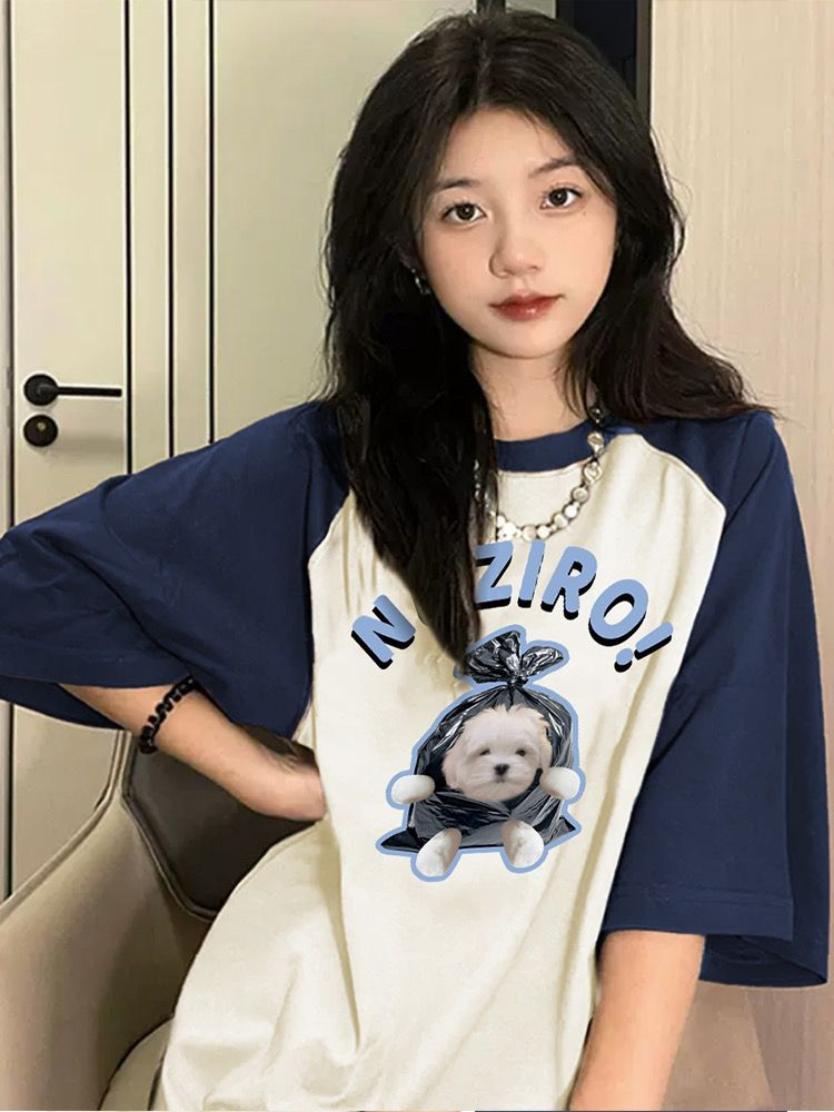 撞色拼接印花短袖t恤女學生上衣潮