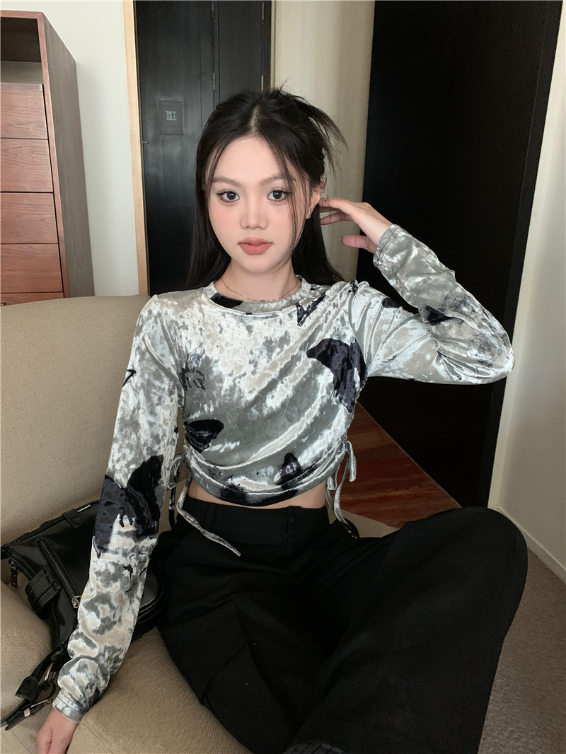 實拍 法式復古小眾設計感扎染抽繩圓領T恤上衣
