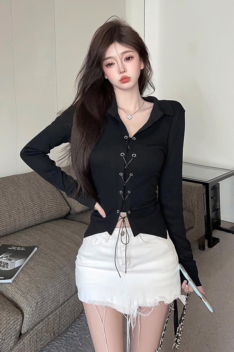 實拍~天貓質量短款t恤女春秋季辣妹綁帶修身顯瘦polo領長袖上衣