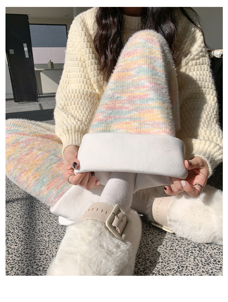 彩虹色糯米褲女秋冬2023新款高腰棉褲軟糯闊腿褲休閒針織加絨褲子
