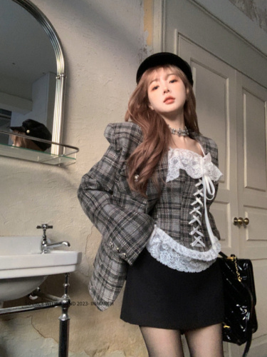 Real shot ~ Retro plaid long-sleeved suit short jacket small fragrant style waisted Korean suit top