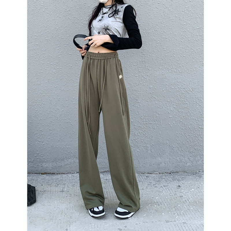 Temperament green casual pants spring and autumn new high-waisted loose straight pants drapey lace-up floor-length trousers for women