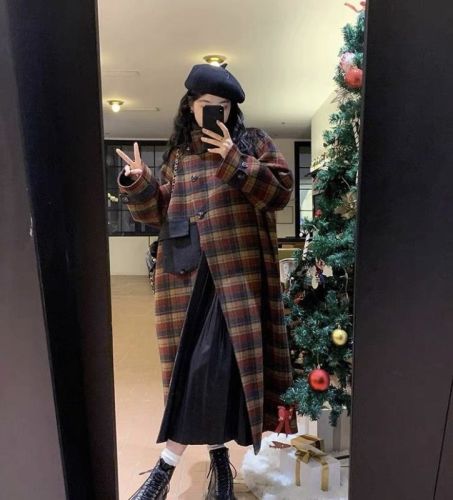 Christmas shirt style exquisite plaid new woolen coat women's mid-length small stand-up collar Korean style fashion coat jacket