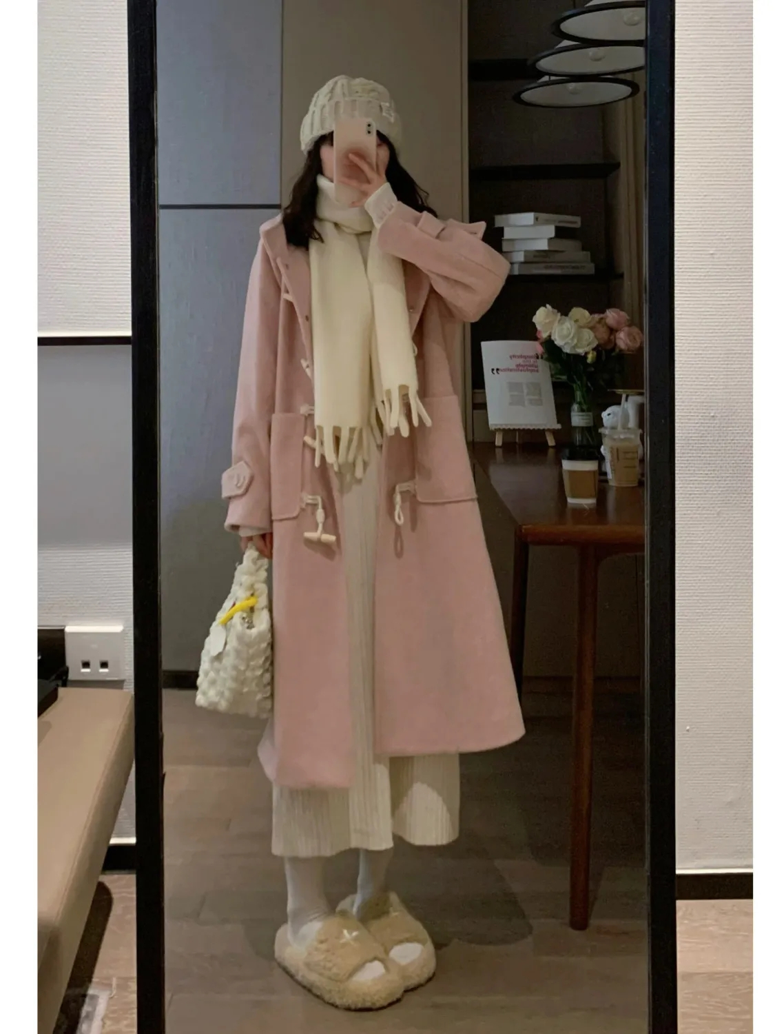 Horn button woolen coat for women 2023 new autumn and winter Korean style loose and gentle temperament thickened hooded woolen coat