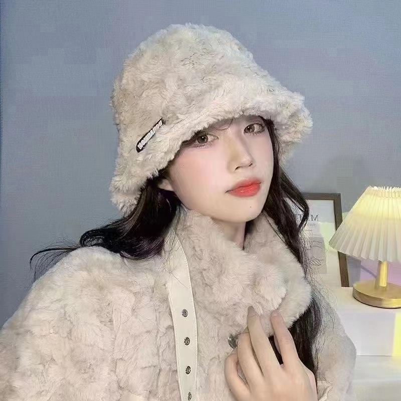 白色毛毛漁夫帽子女秋冬2023新款加絨保暖韓版百搭素顏水桶盆帽潮