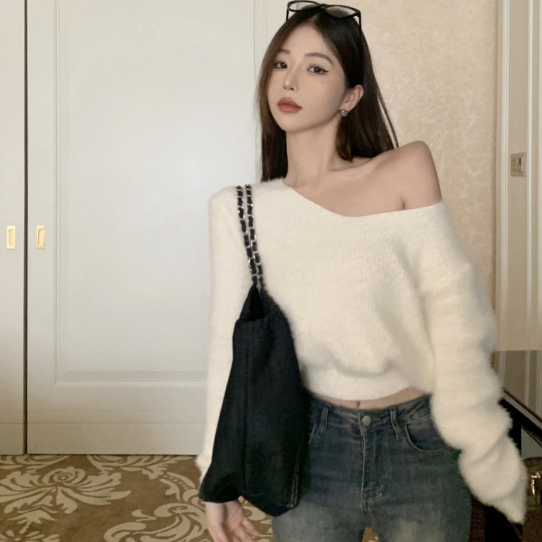 簡約粉紅色毛衣女裝2023新款仿水貂絨v領柔軟套頭高級感上衣春款