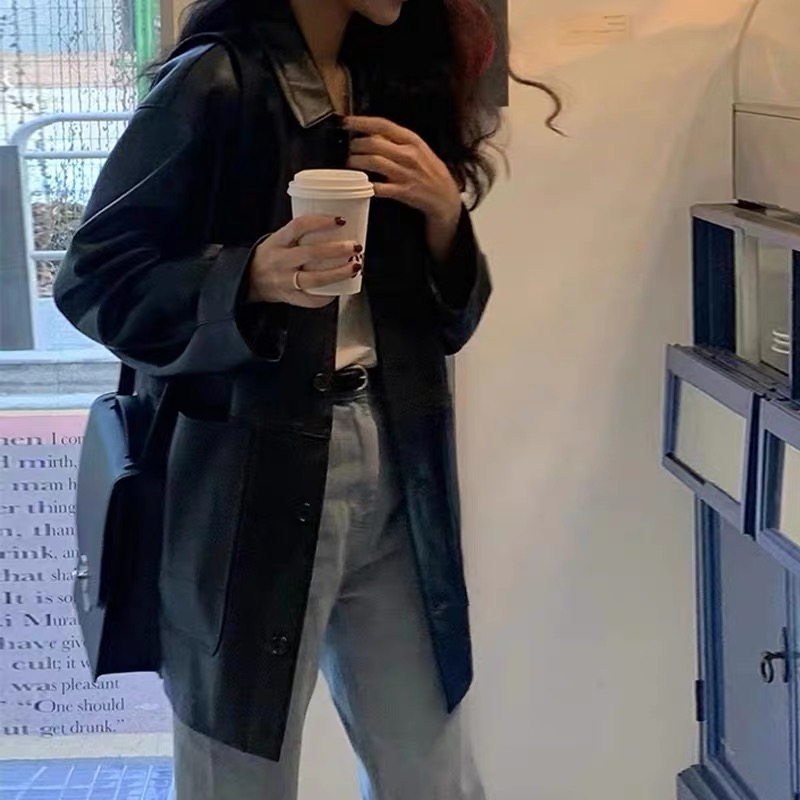 South Korea's Dongdaemun Autumn New Retro Simple Versatile Loose Casual Imitation Leather Jacket for Women