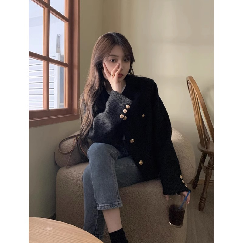 Black versatile buttoned long-sleeved French style blazer for women with composite belt