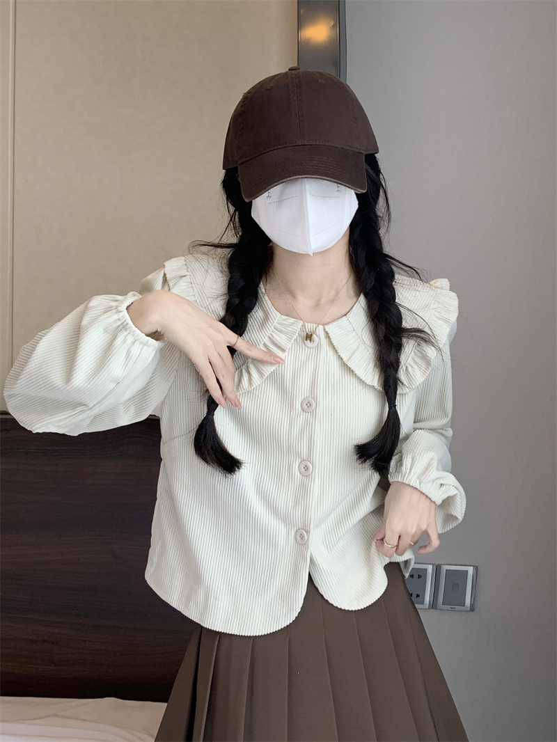 實拍 娃娃領襯衫女秋季絕美減齡洋氣襯衣法式短款上衣