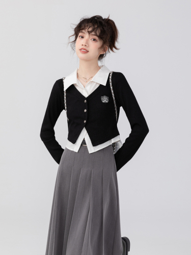 polo领正肩长袖针织衫女秋季学院风假两件设计感小众修身短款上衣