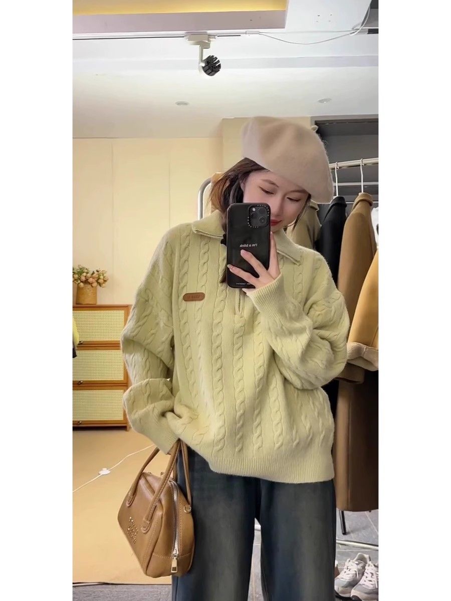 Lazy style twist zipper stand-up collar sweater for women 2023 autumn and winter Korean style versatile sweater loose slimming top