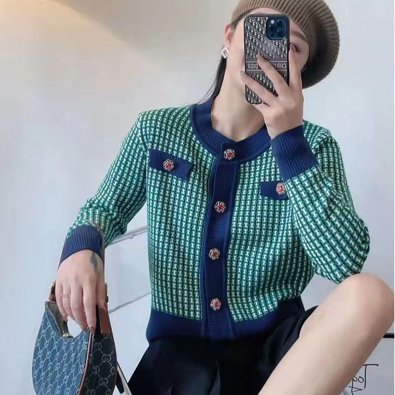 French style knitted cardigan jacket for women 2023 early autumn new versatile contrast color long-sleeved temperament top