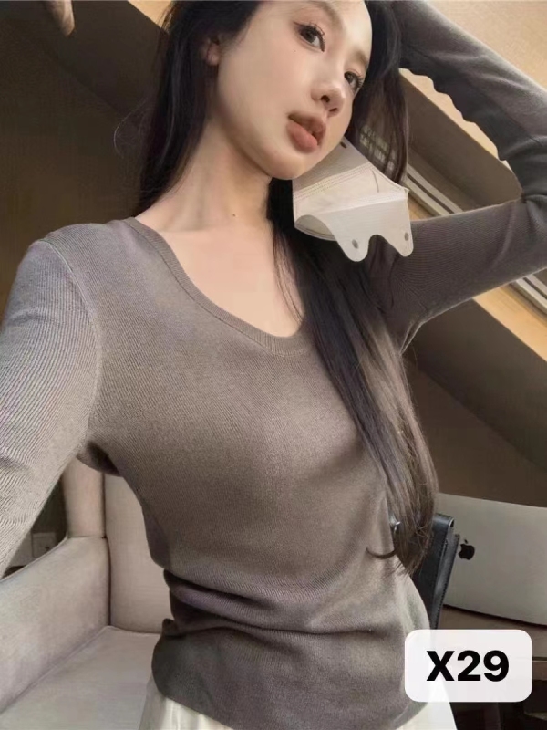 氣質黑色v領長袖針織衫女秋冬季修身顯瘦內搭毛衣短款打底衫上