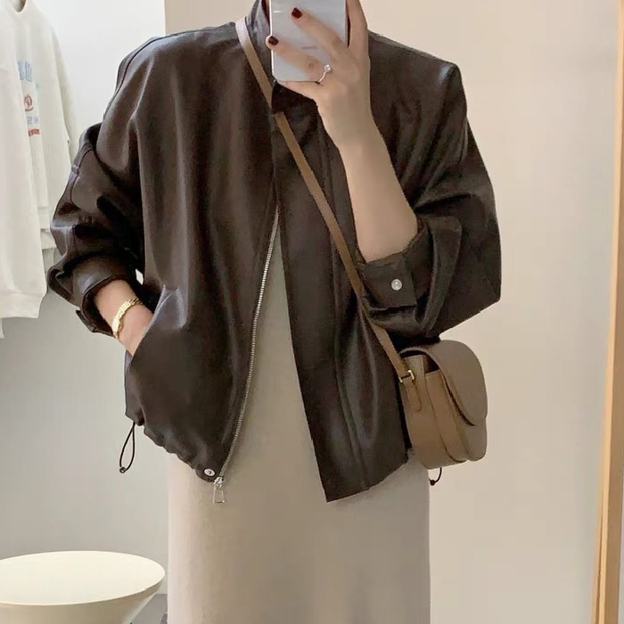Brown leather jacket women's leather jacket 2023 new Hong Kong style short motorcycle American retro is popular this year
