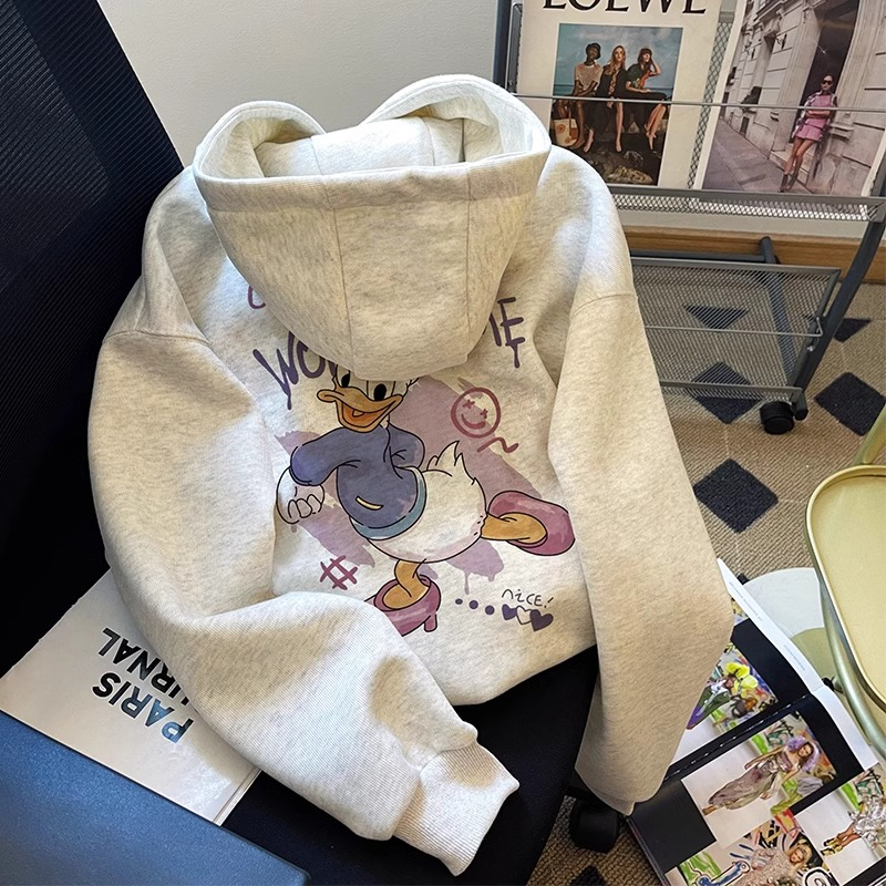 Pure cotton plus silver fox velvet Korean style niche Donald Duck print loose and versatile hooded sweatshirt