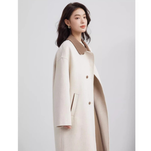 Korean niche design contrasting color temperament goddess style coat for women autumn and winter new contrasting color Hepburn style woolen coat