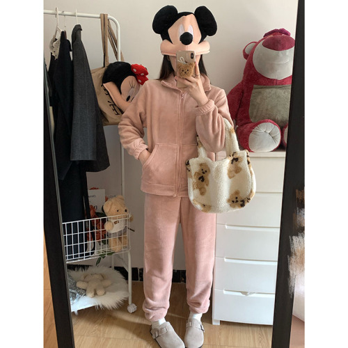 Actual shot of autumn and winter lazy style long-sleeved soft waxy plus velvet pajamas warm casual pajamas home wear two-piece set
