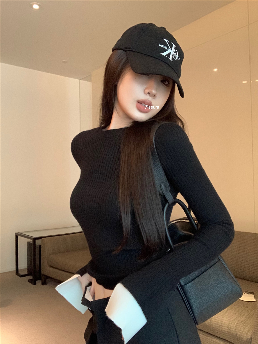 袖口拼接針織衫女秋冬撞色修身短款小眾設計感內搭打底衫長袖上衣