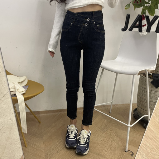 黑青高腰小腳褲顯瘦彈力鉛筆褲牛仔褲