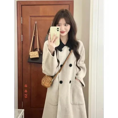 Korean style preppy mid-length contrasting color double-breasted woolen coat
