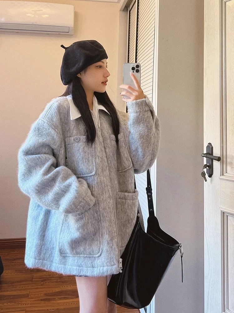Retro design minimalist zipper woolen coat for women autumn and winter 2023 new loose, slim and versatile woolen coat