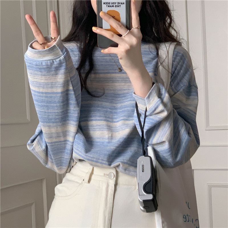 #牛奶絲 條紋圓領長袖T恤女裝秋季設計感寬鬆