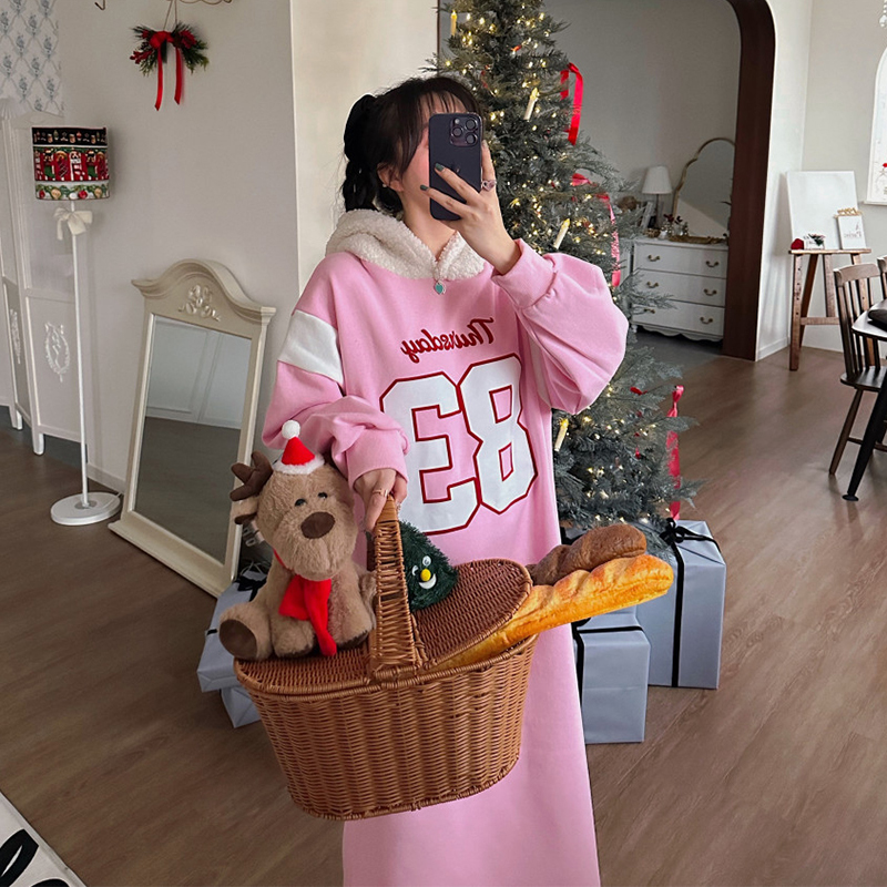 韓版減齡俏皮字母印花羊羔毛連帽衛衣裙秋冬新款小眾慵懶風連衣裙