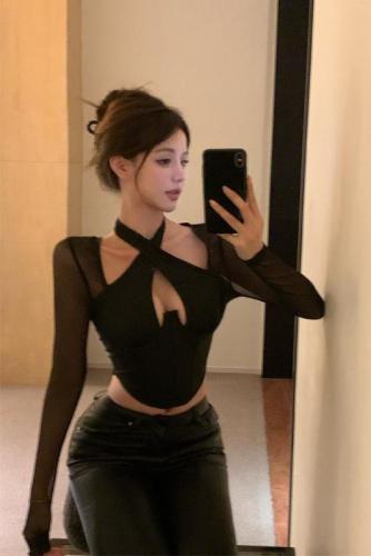 Real shot~Black mesh long-sleeved bottoming shirt for women in Europe and America, sexy slim-fitting fishbone T-shirt, halter top