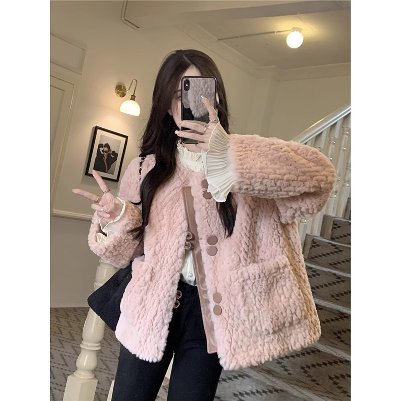 Korean soft fur coat for women in winter thickened high-end design loose long-sleeved cotton coat