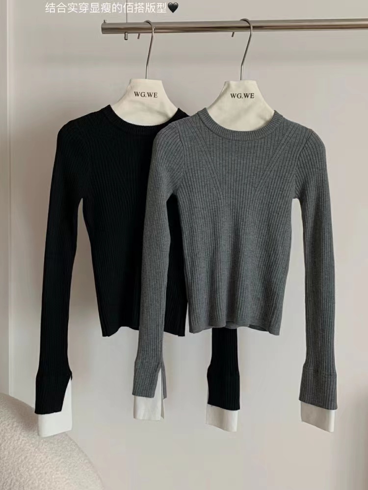 Contrast color splicing bell sleeve knitted sweater for women 2023 autumn and winter new style slim sweater short inner layering shirt top