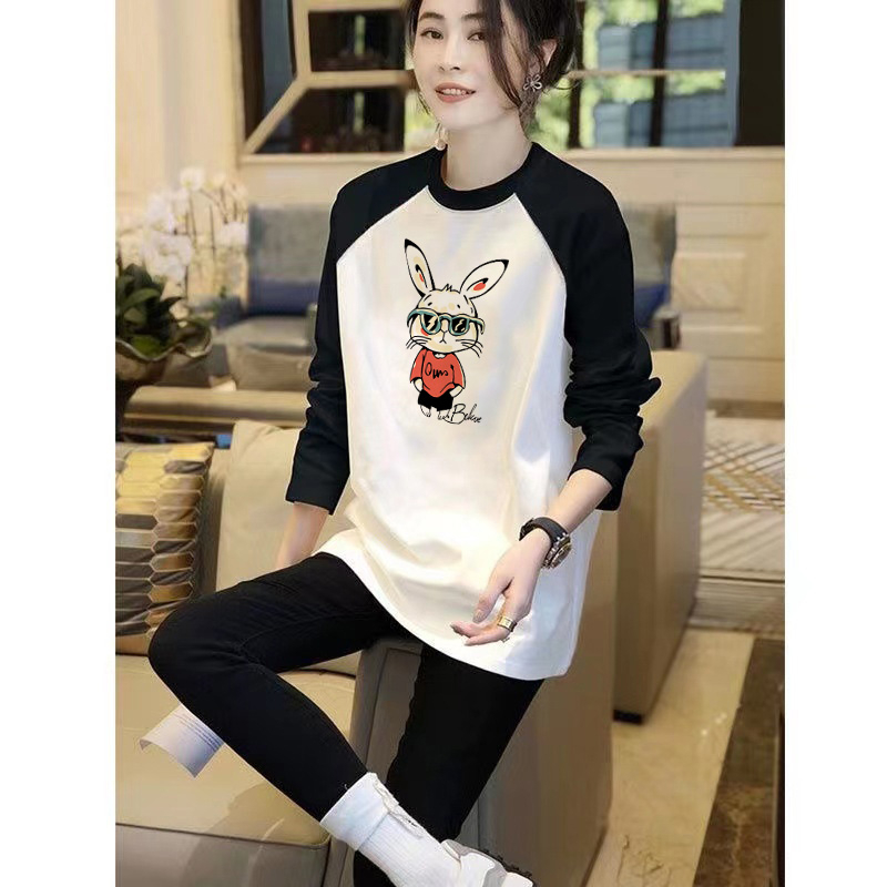 Raglan women's autumn new plus size women's loose American retro long-sleeved T-shirt contrasting color splicing top trendy