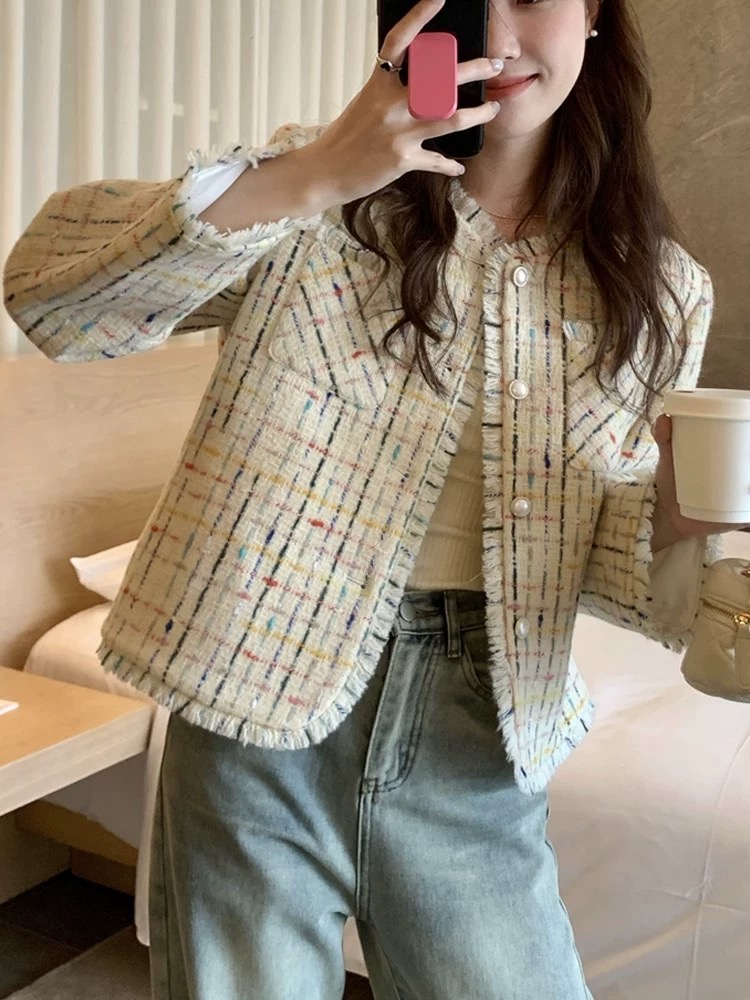 fayeye自製 彩虹冰淇淋 法式彩色編織小香外套早春短款流蘇上衣女